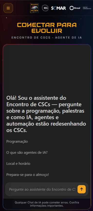 Chat com IA do Encontro de CSCs no celular, com mensagem de boas-vindas, perguntas sugeridas e campo de mensagem