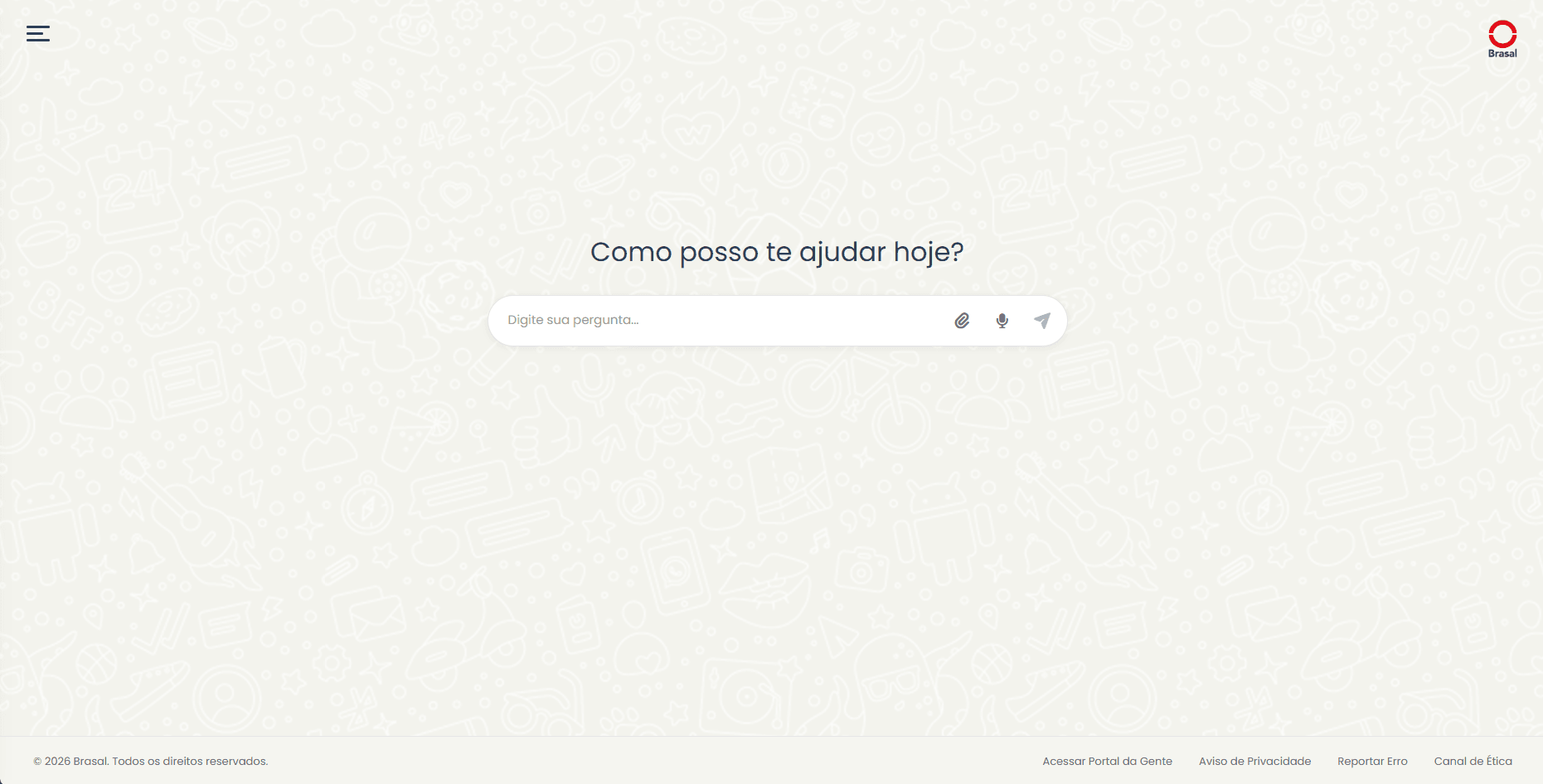 Intranet Brasal no desktop, com mensagem Como posso te ajudar hoje, campo de pergunta e links institucionais