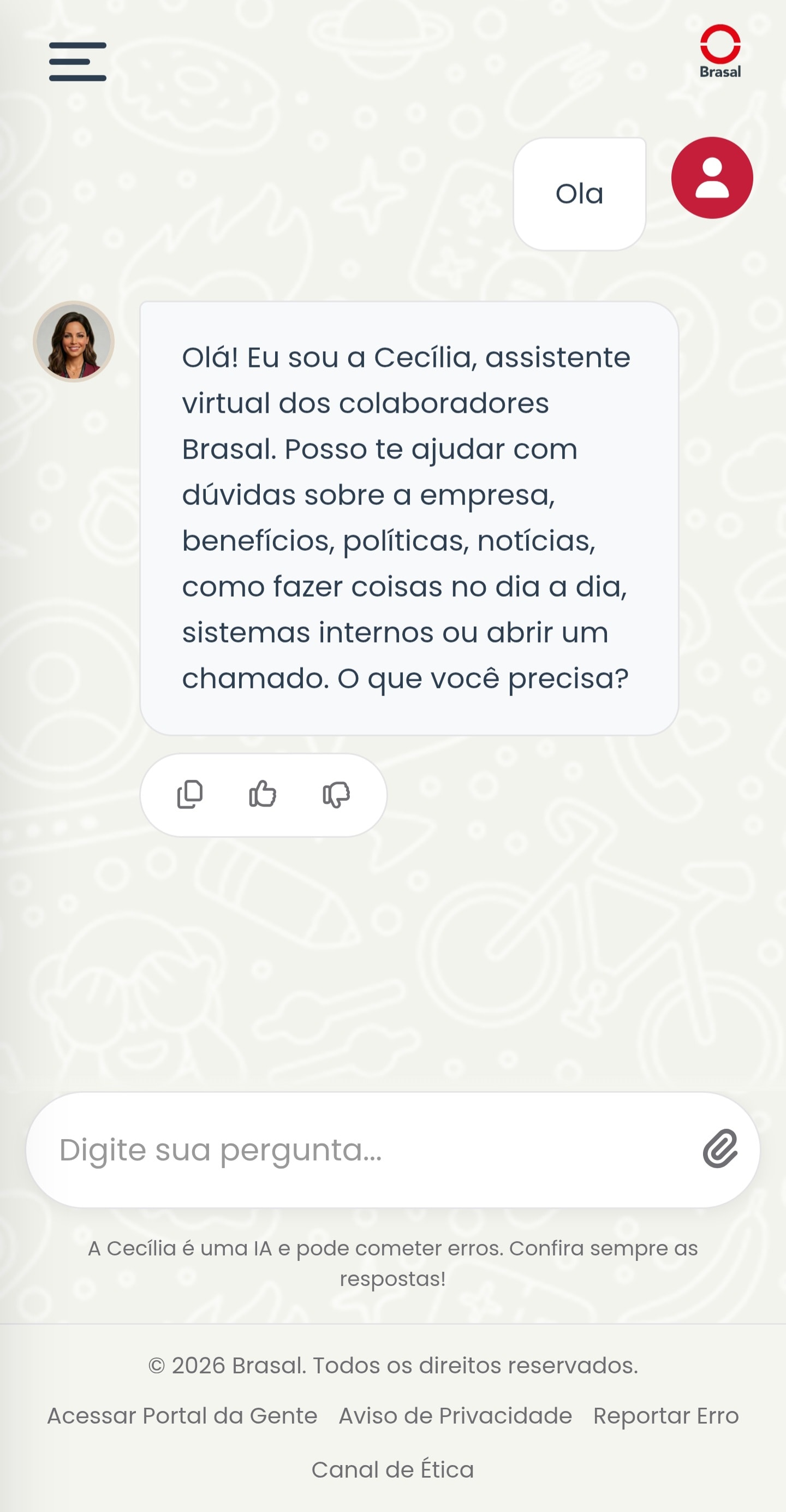 Abertura real da Intranet Brasal: Como posso te ajudar hoje? e campo de pergunta