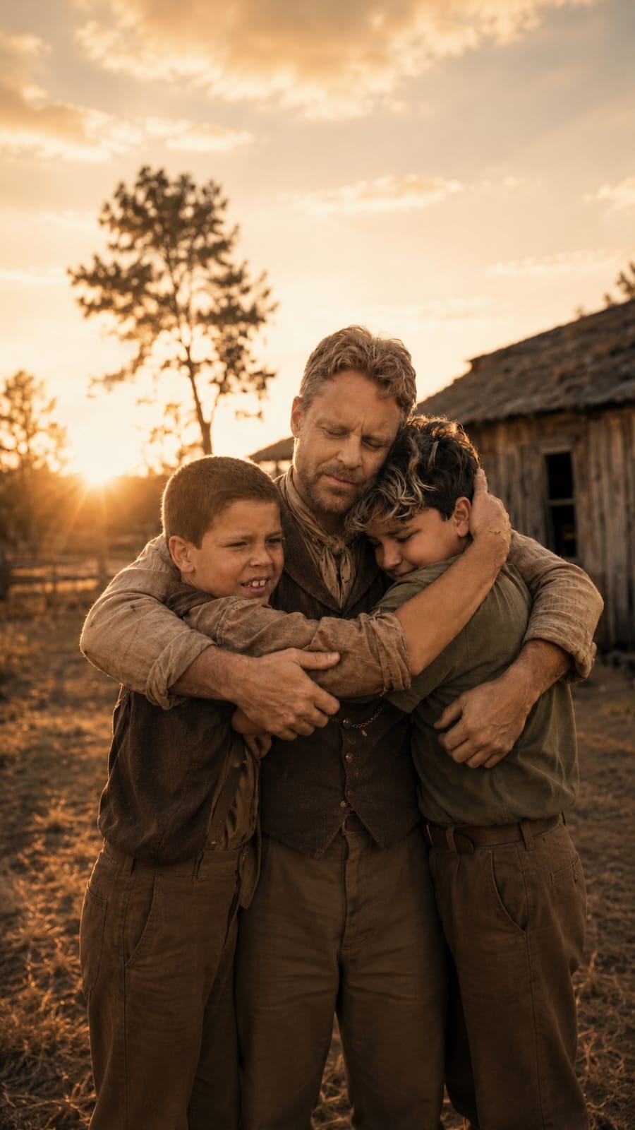 Sergio Arantes com seus filhos em um abraço ao entardecer