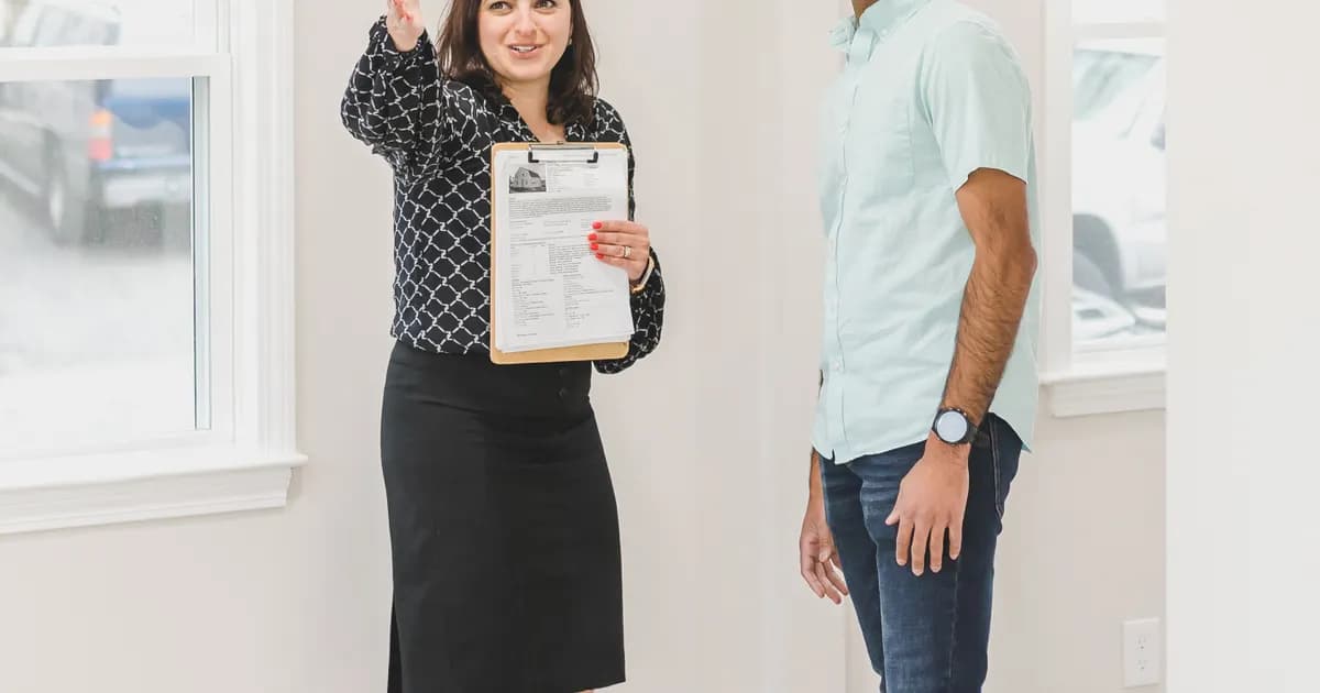 Corretor apresenta detalhes de um imóvel a cliente.